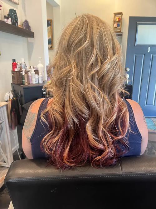 Dimensional Fashion Hair Color in Thornton, Colorado Soft pops of deep cherry red were layered throu(..)